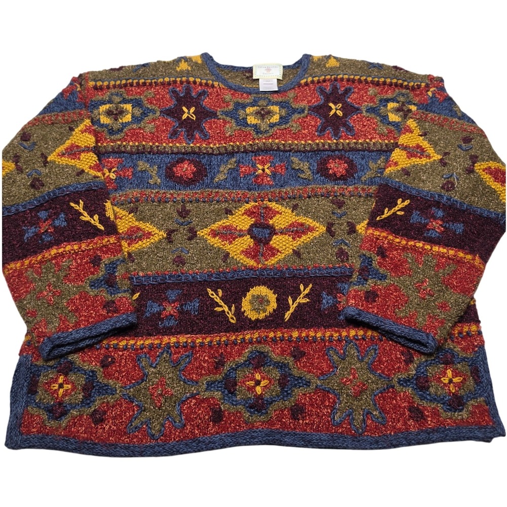 Susan Bristol Casuals Vintage Multi Color Geometric Floral Knit Sweater PM